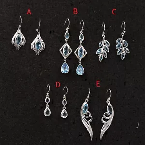 Genuine Blue Topaz Earring Fine 925 Silver Jewelry Housewarming Gift Earring - Picture 1 of 11