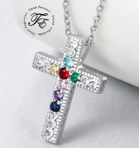 Personalized 7 Birthstone Cross Mother's Necklace - Heart Cut-Outs Crucifix - Picture 1 of 8