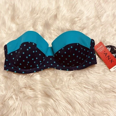 Spanx Bikini Top sz 10 Navy Splash Polka Dot Retro Balconette Underwire NEW $62 - Image 1 of 4