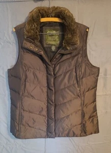 Eddie Bauer Womens XS Down Puffer Vest Brown Faux Fur Lined Collar See Photos - Picture 1 of 5