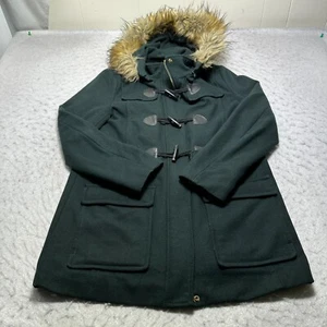 Sam Edelman Toggle Wool Coat Green Faux Fur Hooded Mid Length Womens Size Medium - Picture 1 of 16