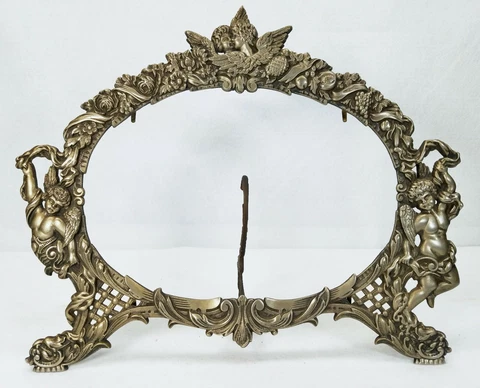 Large Antique Mirror Frame with Angels & Putti Decoration Iron & Nickel Silver Cover