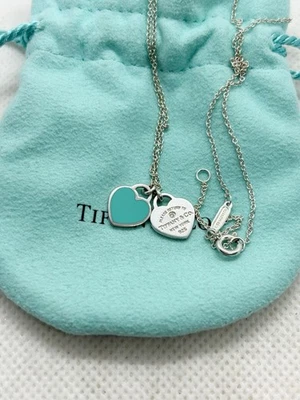 Tiffany & Co 925 RTT двойной мини сердца синий эмаль бриллиант подвеска ожерелье 18» - Изображение 1 из 4