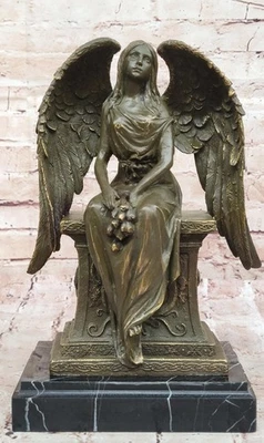 Escultura de bronce de ángel sentado de A. Moreau - arte alegórico del ángel de la guarda Foto 1 de 4