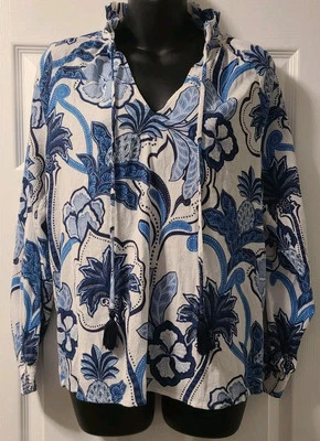 Blusa Camisa Hawaiana Para Mujer TORI RICHARDS Azul Blanco Floral - Borlas - Cuello en V Foto 1 de 4
