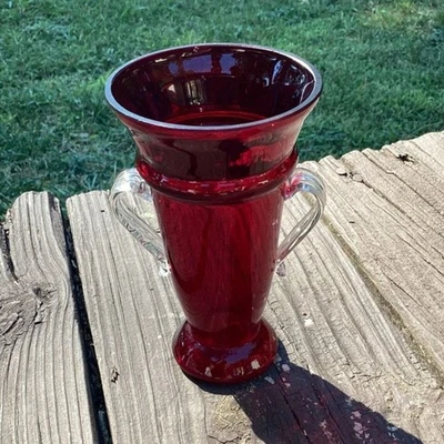 Red Glass Vase with Clear Handles Elegant Home Decor Flower Vase - Image 1 of 4