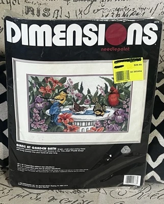 Vintage Dimensions #2378 Birds At Garden Bath Needlepoint Kit 16x10 1990 - Image 1 of 4
