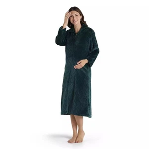 Women's Miss Elaine Essentials French Fleece Long Zip Robe Emerald Green Medium - Picture 1 of 3