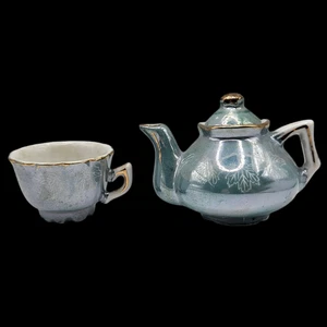 Vintage Ceramic Teapot & Cup Set Gray Blue Maple Leaf Motif Gold Trim Japan - Picture 1 of 6