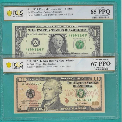 $1 and $10 2X Matching Serial Number SOLID 6s  66666695 PCGS Graded 65/67 - Image 1 of 2