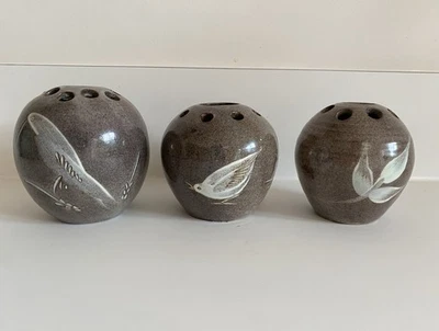 Three Fishley Holland Cheddar Pottery Studio Pottery Vases Flower Frog Vintage - Image 1 of 4
