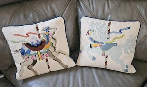 Beautiful Embroidered Carousel Horse Pillow Velvet Back Set Of 2 Unicorn / Lamb - Picture 1 of 5