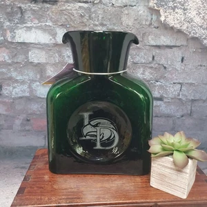 Blenko Emerald Green Glass Double Spout Water Bottle- Lake Dallas Etched Logo - Picture 1 of 8