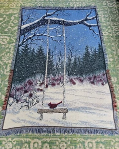 VTG Winter Forest Scene Red Cardinal Swing Woven Cotton Blue Throw Blanket 48x71 - Picture 1 of 6