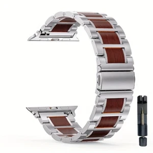 Wooden & Metal Strap Watch Band For Apple Watch Series 10 9 8 7 6 5 4 3 2 1 - Picture 1 of 11