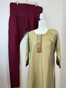 Pakistani/Indian Cotton Burgundy & Gold Embroidered Tunic/Pants/Scarf Outfit - Picture 1 of 4
