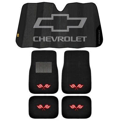 NEW Chevy Black Logo Red Checker Flag 4pc Carpet Car Floor Mats & Auto Sunshade - Image 1 of 4