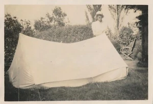 Snapshot Vintage Photo Woman Canvas Tent Camping Outdoors Garden Cloche Hat Selo - Picture 1 of 5