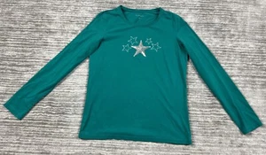 Liz Claiborne Top Womens Medium Green Long Sleeve Stars Sequin Cotton Blend - Picture 1 of 12
