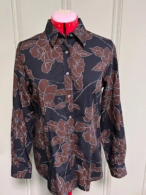 Blusa de algodón Orvis sin arrugas talla 8 negra marrón floral Foto 1 de 4