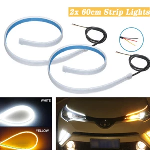 2 x 60CM Flexible Sequent LED White Amber DRL Turn Signal Strip Lights Headlight - Picture 1 of 7