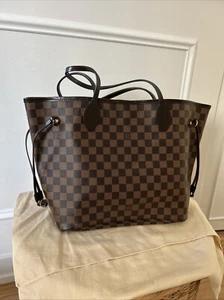 LOUIS VUITTON Neverfull MM Damier Ebene Brown Canvas Leather Tote Red Interior - Picture 1 of 14
