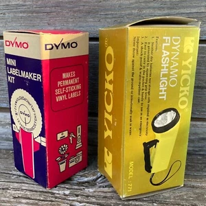 Vintage 1970s Dynamo Flashlight & Dymo Mini Labelmaker Kit Both Complete in Box - Picture 1 of 19