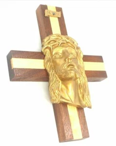 Mahogany and Birch Inlay Wood Wall Cross, 7" Exquisitely Made in Italy - Picture 1 of 5