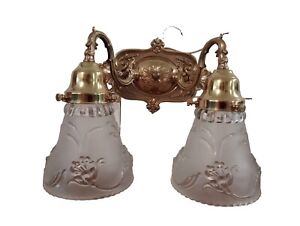 Vintage Brass Double  Ornate Wall Light Lamp Sconces Sconce Brass Flower Shade