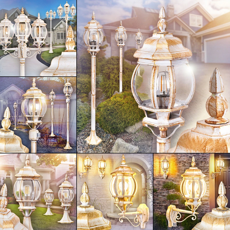 Wand Wege Kandelaber Sockel Lampen Garten Terrassen weiß/gold Außen Steh Leuchte - Bild 1 von 1
