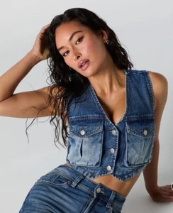 Refuge Button Up Jean Denim Cargo Jacket Vest Women Size XL Dark Blue Wash New - Picture 1 of 12