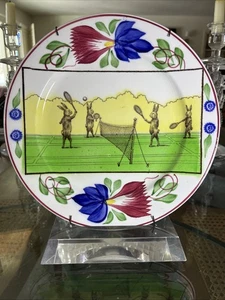 Staffordshire Stick Spatter Rare Rabbitware Rabbits Playing Tennis Plate c1900 - Picture 1 of 9