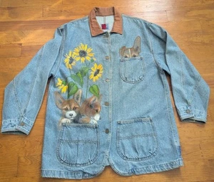 Long Jean Jacket Custom Painted Corgi One Of A Kind By Sun Belt Denim Sz Large - Picture 1 of 19