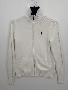 Ralph Lauren Sport Damenpullover weiß durchgehender Reißverschluss Zopfmuster Baumwolle Pony Logo, S - Bild 1 von 10