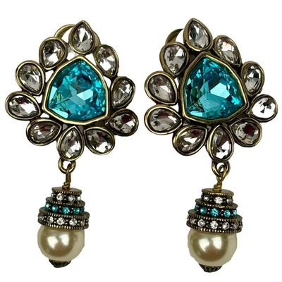 Heidi Daus First Dabs Blue Crystal Faux Pearl Earrings Statement Clip On - Image 1 of 4