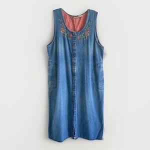 Vintage Denim Dress XL Blue Jean Modest Sleeveless  Button Up Embroidered - Picture 1 of 7