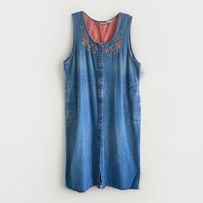Vestido Vaquero Vintage XL Azul Jean Modesto Sin Mangas Bordado con Botones Foto 1 de 4
