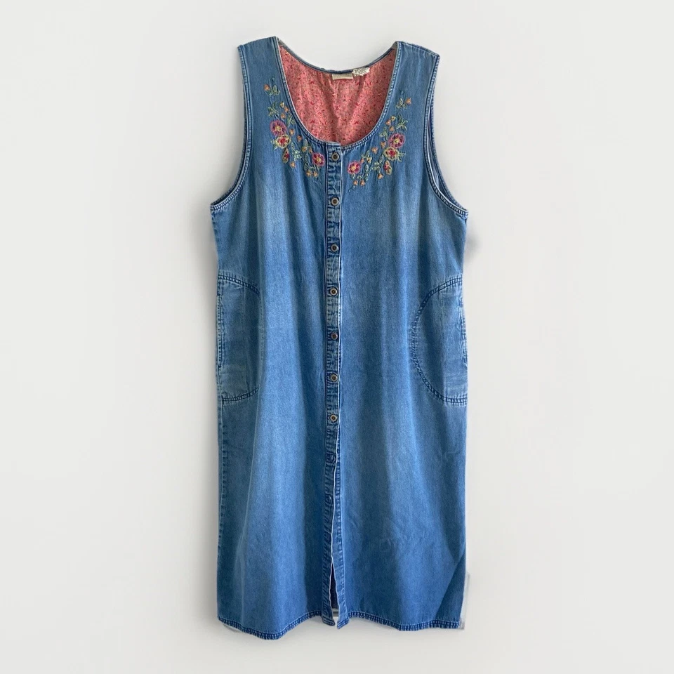 Vintage Denim Dress XL Blue Jean Modest Sleeveless  Button Up Embroidered - Image 1 of 4