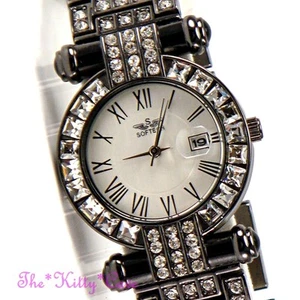 Schwarz Hämatit Damen Glanz Klassische Datumsanzeige Swarovski Kristallen Uhr - Bild 1 von 12