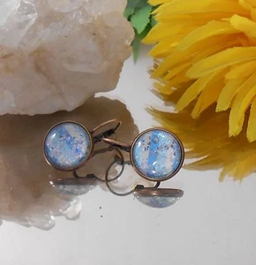Ohrhänger Blau gestreift mit Flitter Glitzer / Cabochon 14 mm / handgefertigt - Bild 1 von 2