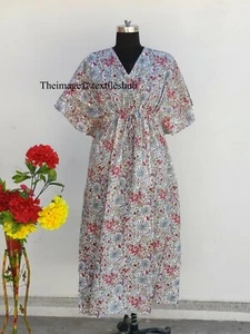 White Multicolored Night Maxi Gown Dress Indian Floral Kimono Caftan Gown Robes - Picture 1 of 2