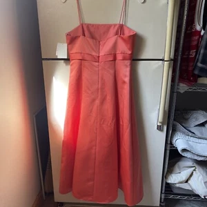 DAVIDS BRIDAL Sz 6 Bridesmaid Satin Formal Gown Coral Tea Length STYLE #8585 - Picture 1 of 6