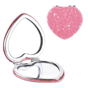 Heart-Shaped Compact Mirror Magnifying Travel Makeup Mirror Cute Glitter Design - Picture 1 of 9