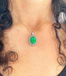 Halo colgante de compromiso de jade y diamante oro blanco de 14 K 8,70 quilates - Imagen 1 de 7