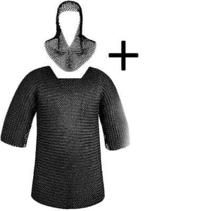 Half Sleeves Chainmail Shirt with Coif Medieval Knight Black Armor Costume - Picture 1 of 2