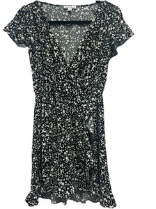 Abito JCrew Mercantile finto avvolgente volant orlo alto-basso nero bianco floreale taglia XS - Foto 1 di 12