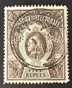 QV 1898 British Uganda 5 Rupee Brown Wmk Crown CC Used - Picture 1 of 2