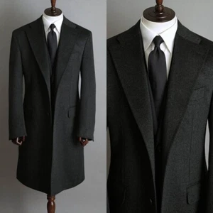 Herrenmantel Tweed Schwarze Lange Jacke Blazer Freizeit Büro Business Custom - Picture 1 of 11