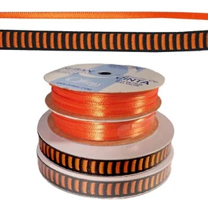 Halloween Ribbon Spool Lot - black + orange striped and solid orange Fall colors - Picture 1 of 2