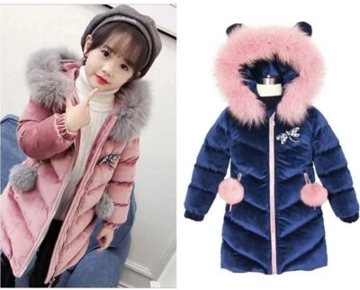 Niños Niñas Gruesa Terciopelo Acolchado Chaqueta Cuello de Piel Parka Larga Abrigo con Capucha Invierno Foto 1 de 4